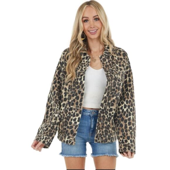 Macaron Jackets & Blazers - Macaron Walnut Leopard Denim Jacket Chest Pockets